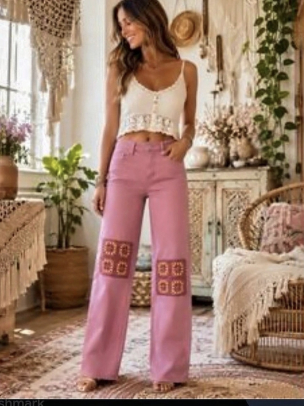 Judy Blue Dusty Pink Crochet Patch Wide Leg Jeans Pink Wide-Leg Pants Like New